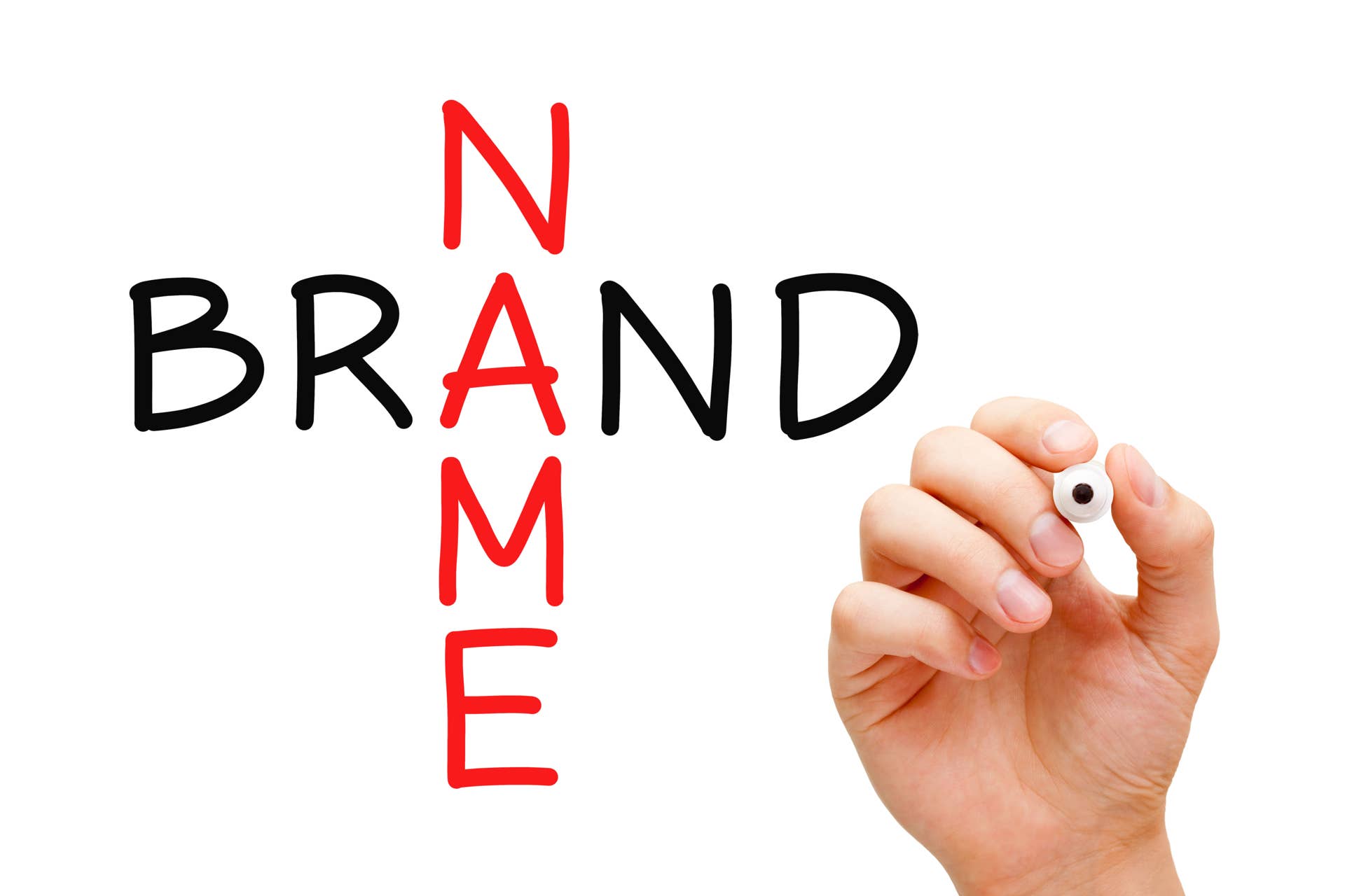Hand writing Brand Name Crossword with black marker on transparent wipe board.