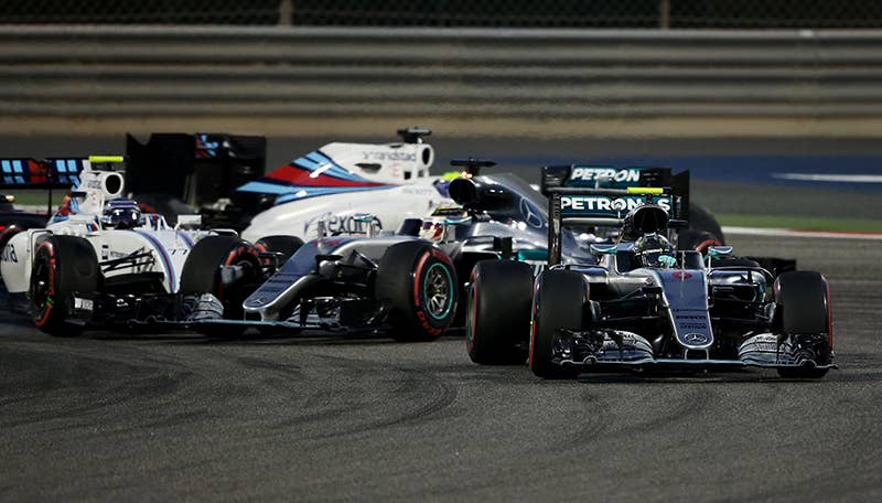 Lewis Hamilton and Valtteri Bottas tangle at the start of the 2016 Bahrain Grand Prix.