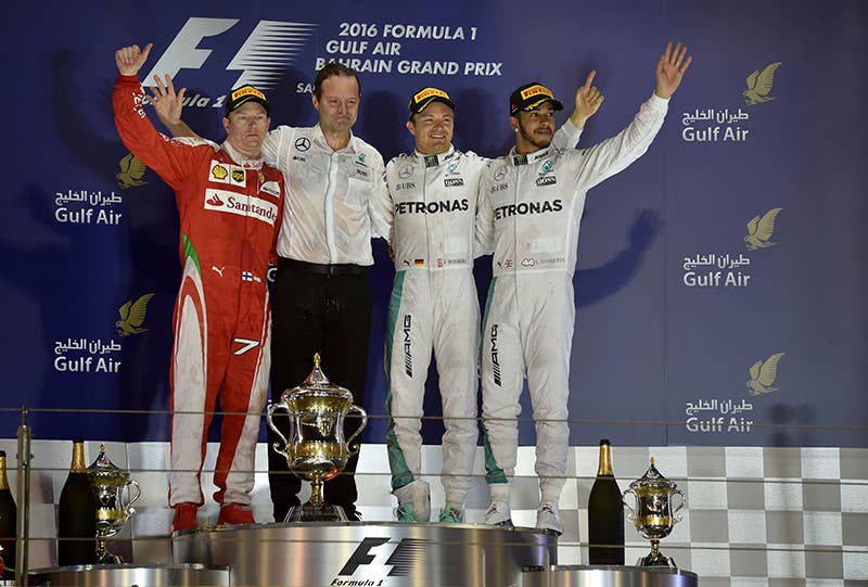 The podium at the end of the 2016 Bahrain F1 Grand Prix.