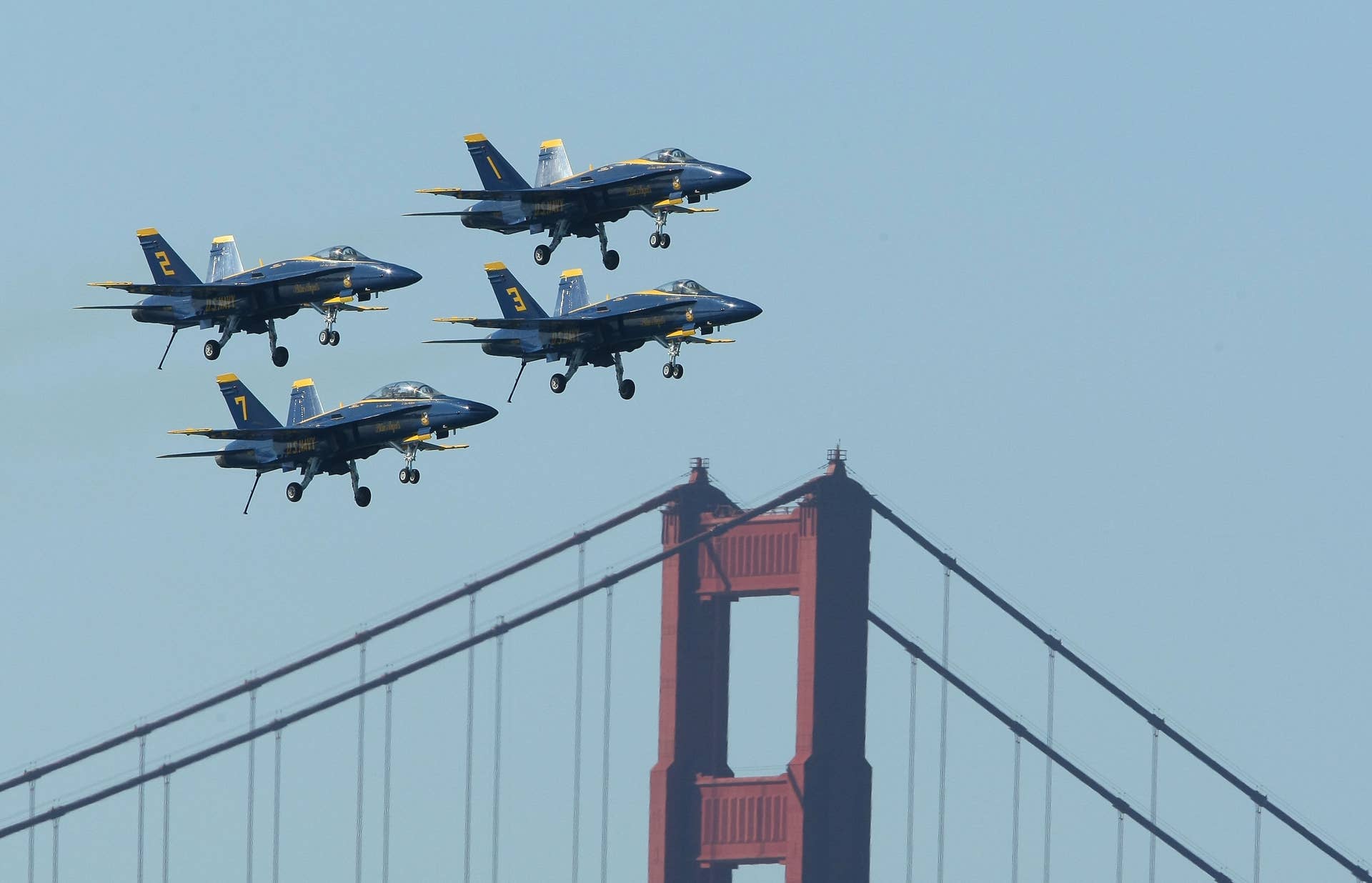 SAN FRANCISCO - OCTOBER 09: U.S. Navy Blue Angels F/A-18 Hornets pass over the Golden Gate Bridge during a practice performance ahead of the Fleet Week air show October 9, 2009 in San Francisco, California. San Francisco kicks off its annual Fleet Week celebration October 10 with the parade of ships and an air show featuring the Blue Angels. (Photo by Justin Sullivan/Getty Images)