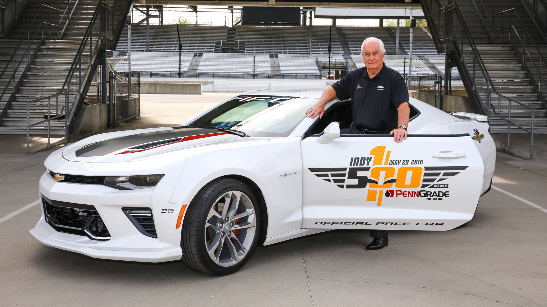 The 2017 Camaro SS 50th Anniversary Edition will lead the 100th running of the Indianapolis 500 at the Indianapolis Motor Speedway in Indianapolis, Indiana next month, driven by motorsports legend Roger Penske, who is marking 50 years as a race team owner. (Photo by Bret Kelley/IMS for Chevrolet)
