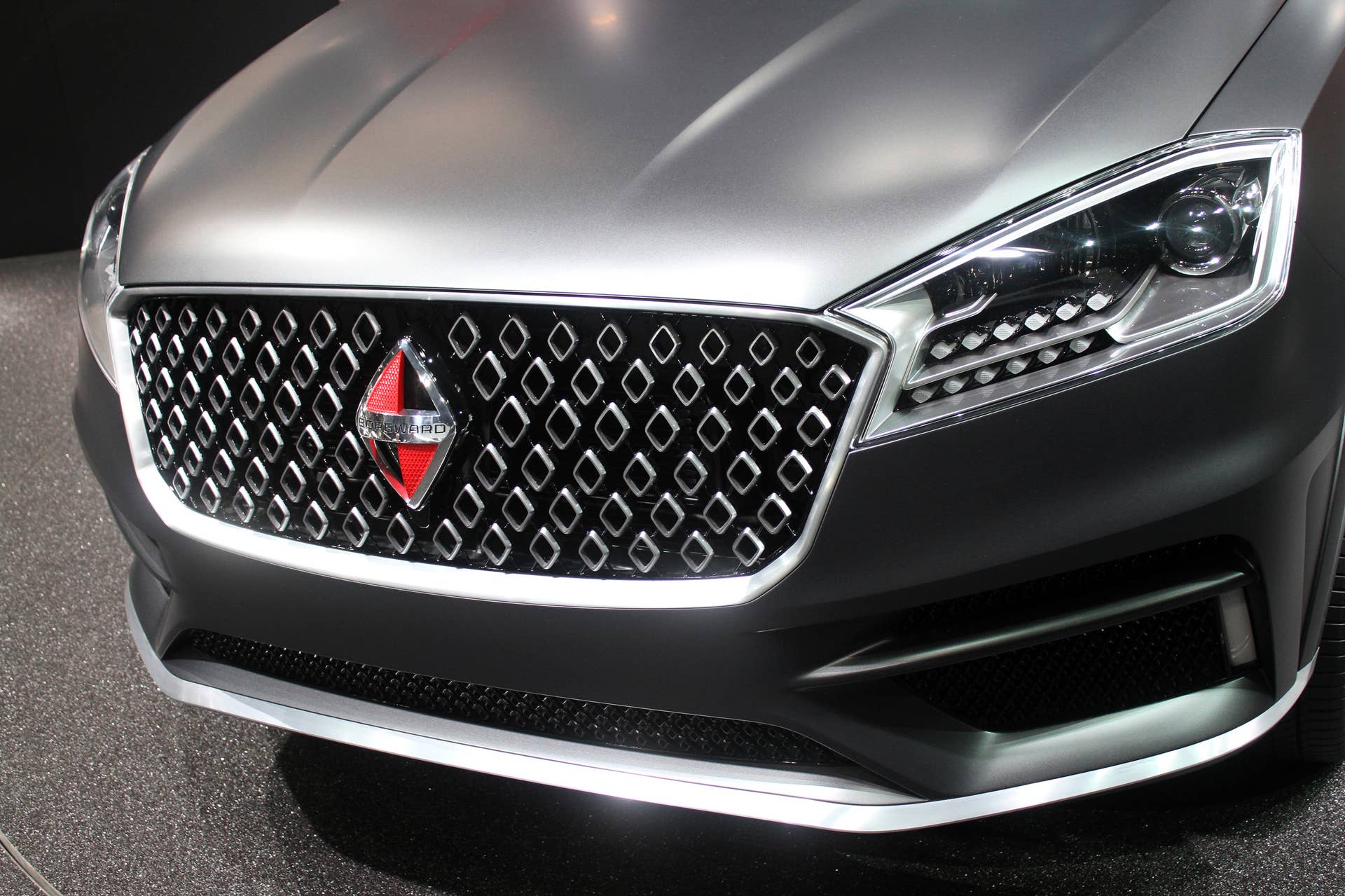 The Borgward BX7 TS, resurrecting the Borgward brand name after 50 years, unveiled at the 2015 Frankfurt Motor Show, front fascia detail.