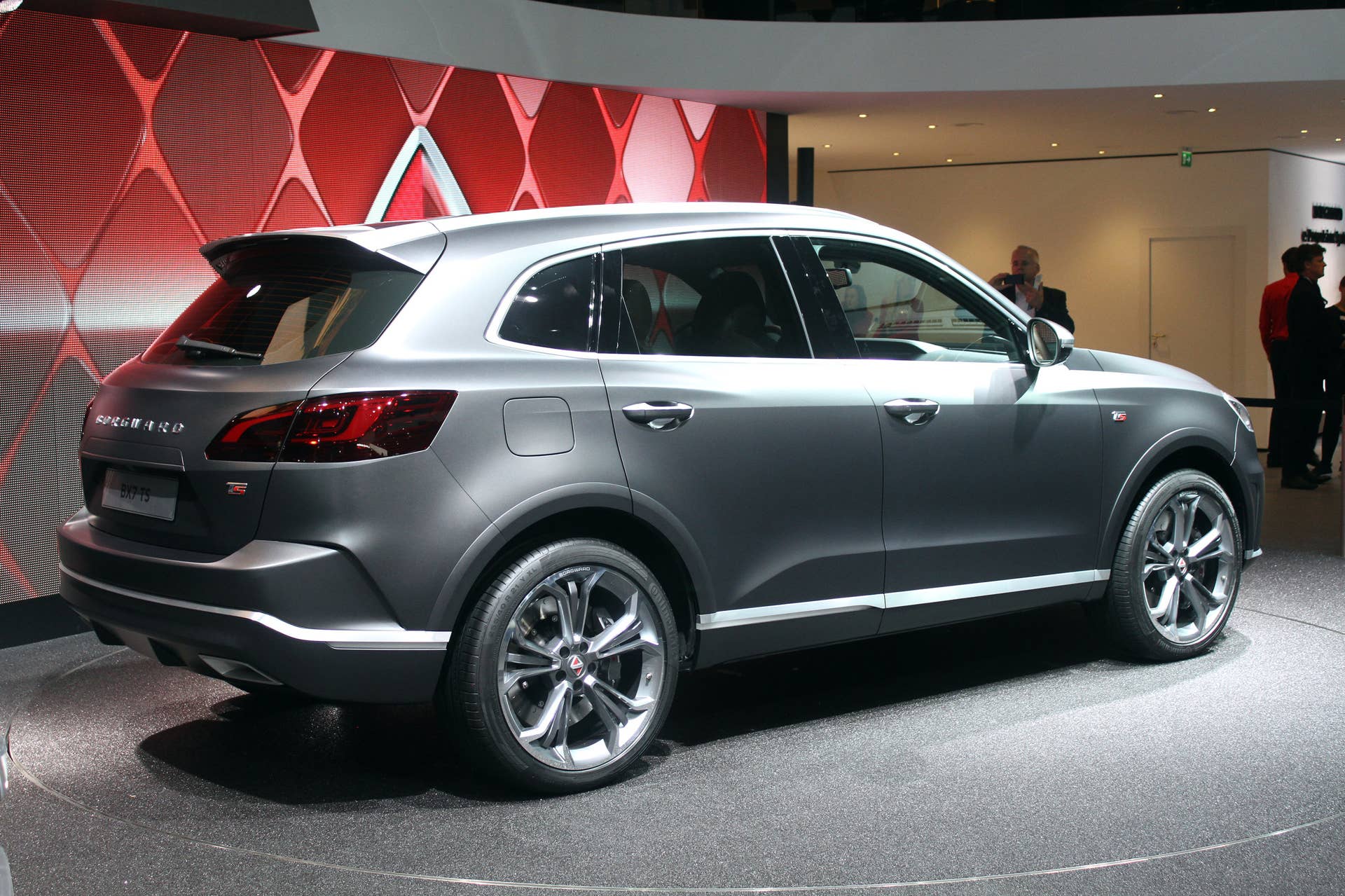 The Borgward BX7 TS, resurrecting the Borgward brand name after 50 years, unveiled at the 2015 Frankfurt Motor Show, near rear three-quarter view.