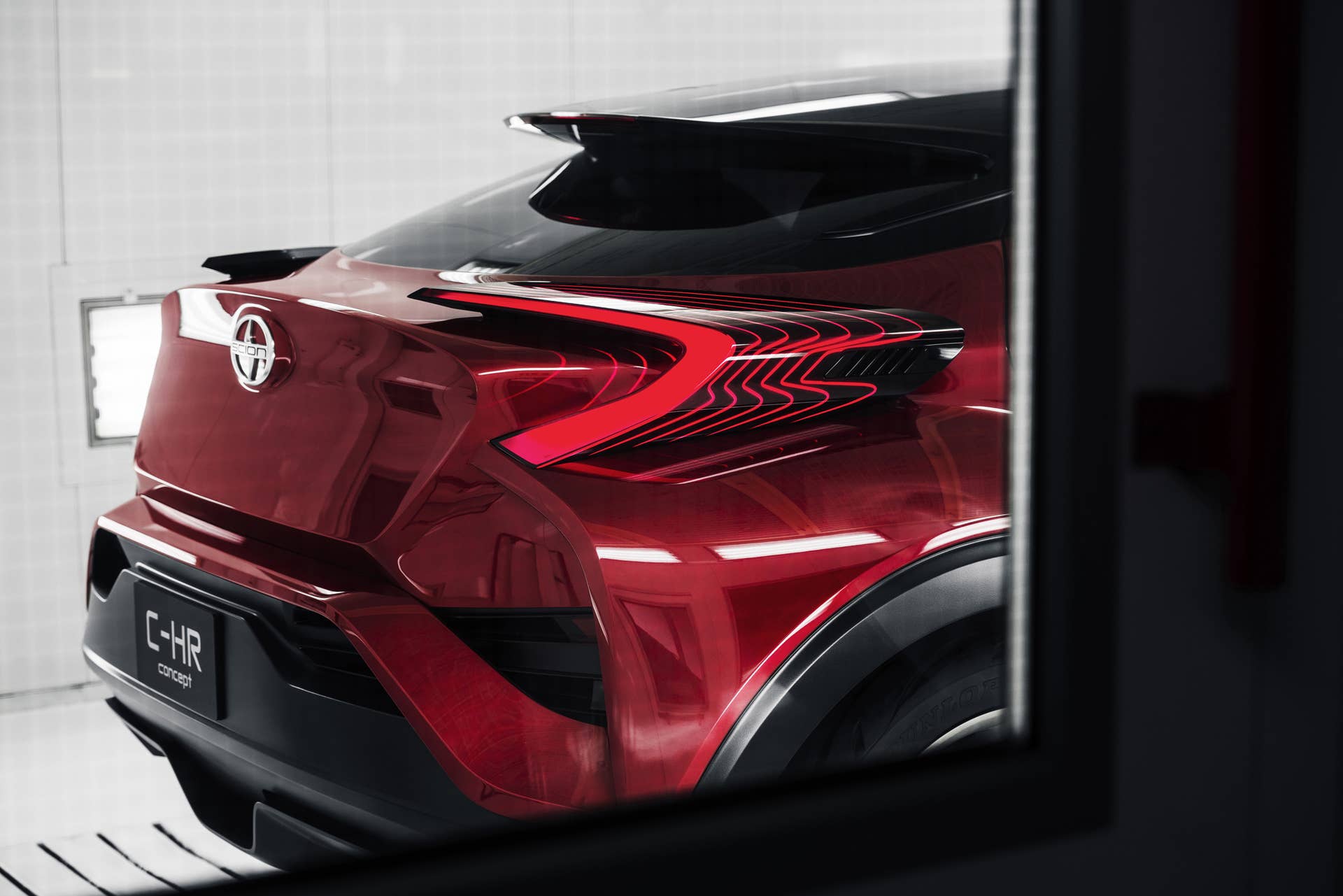 The Scion C-HR concept shown off in red for the LA Auto Show, rear hatch detail.