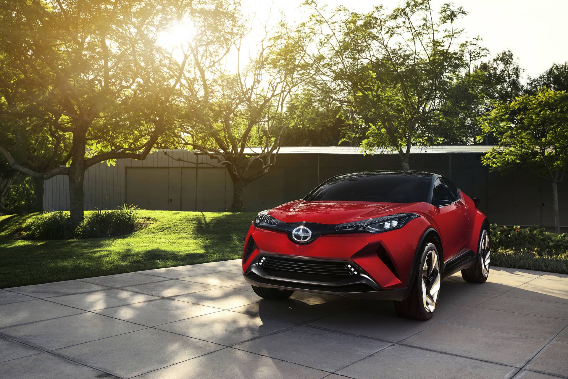 The Scion C-HR concept shown off in red for the LA Auto Show, near front three-quarter view.