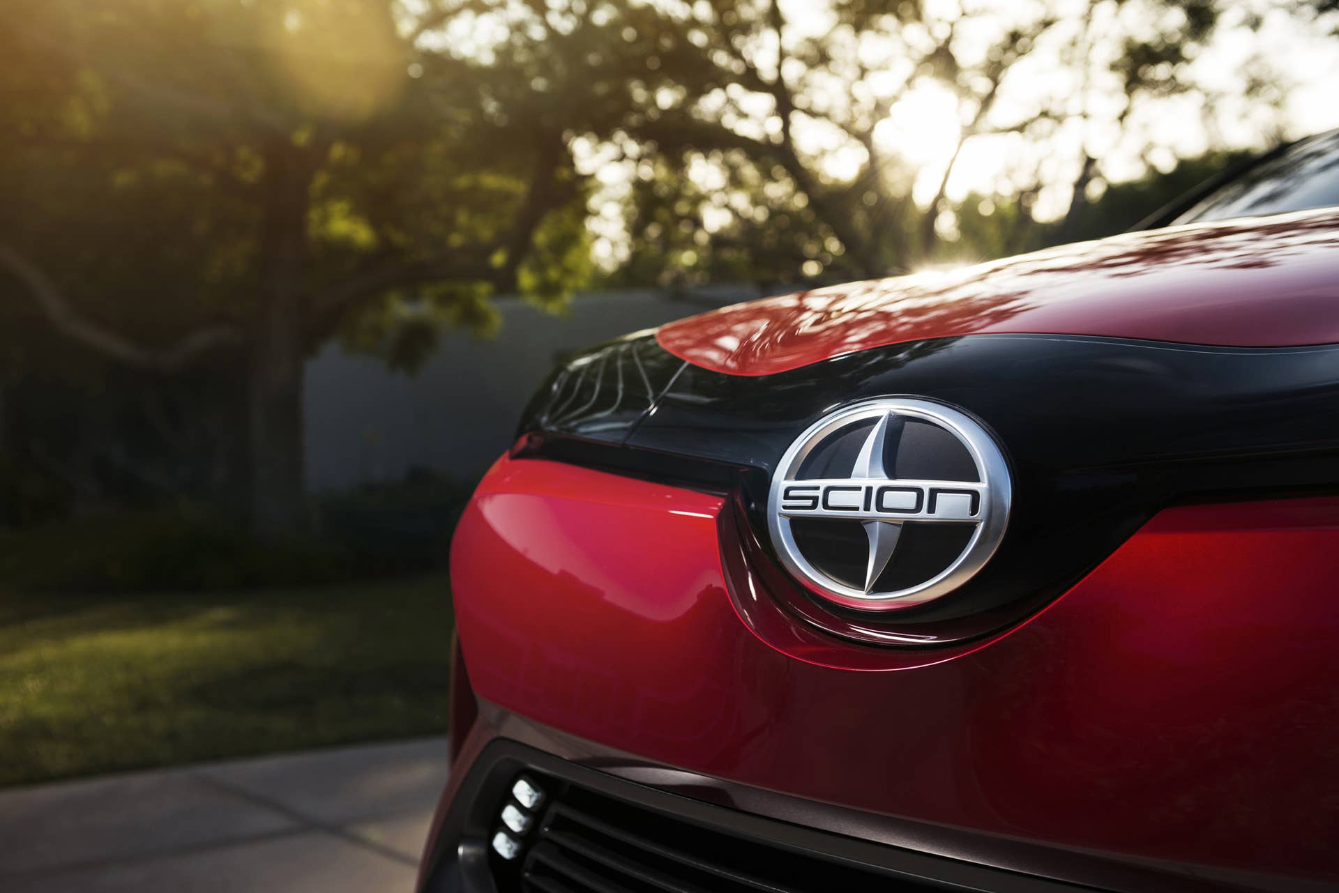 The Scion C-HR concept shown off in red for the LA Auto Show, detail of the hood badge.