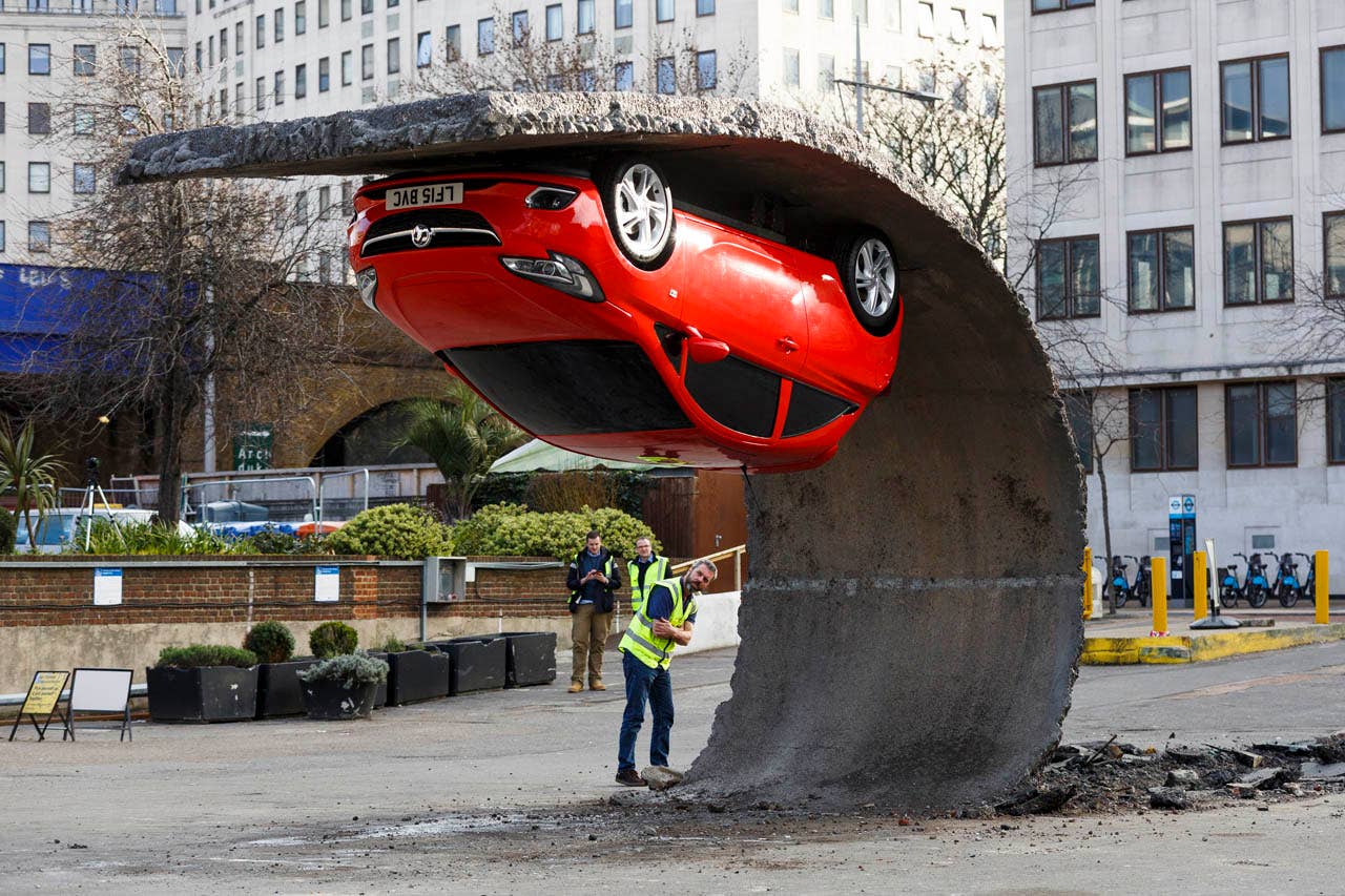 LONDON, ENGLAND - FEBRUARY 19: 'Alex Chinneck for Vauxhall Motors: Pick yourself up and pull yourself together' for the launch of the Vauxhall Corsa at Southbank Centre on February 19, 2015 in London, England. (Photo by Tristan Fewings/Getty Images for Vauxhall Motors)