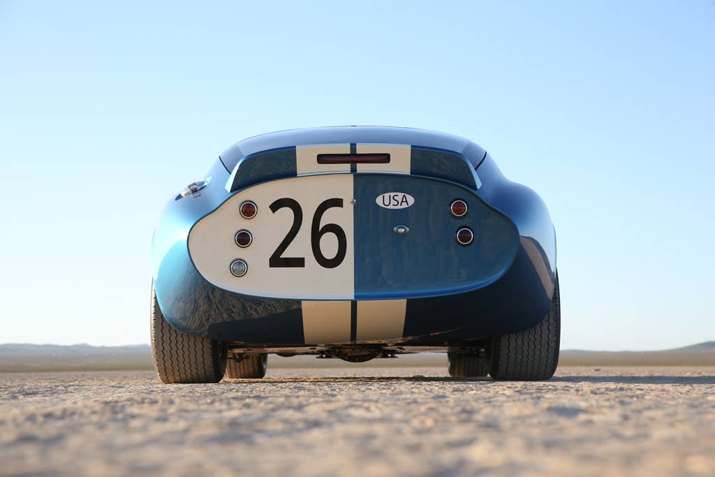 The fiberglass Shelby American Continuation Daytona Coupe, rear view.