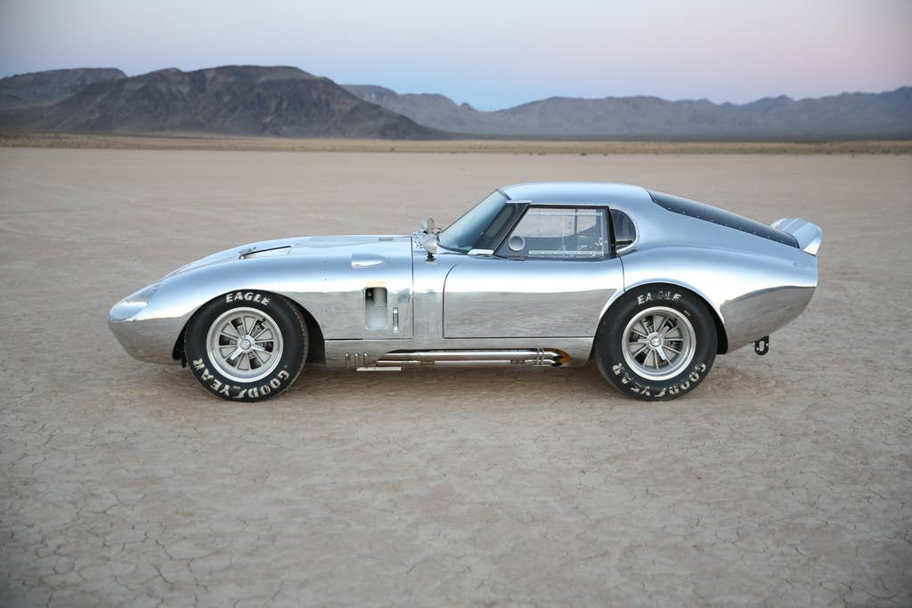 The aluminum Shelby American Continuation Daytona Coupe, side view.
