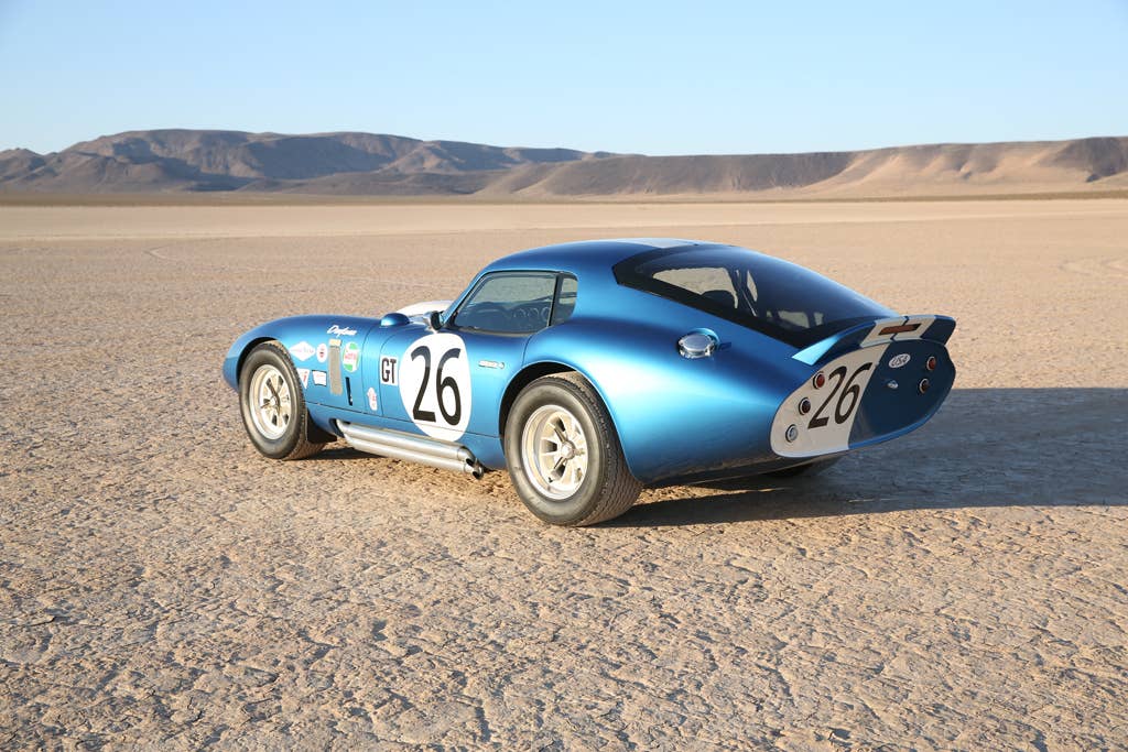 The fiberglass Shelby American Continuation Daytona Coupe, rear three-quarter view.