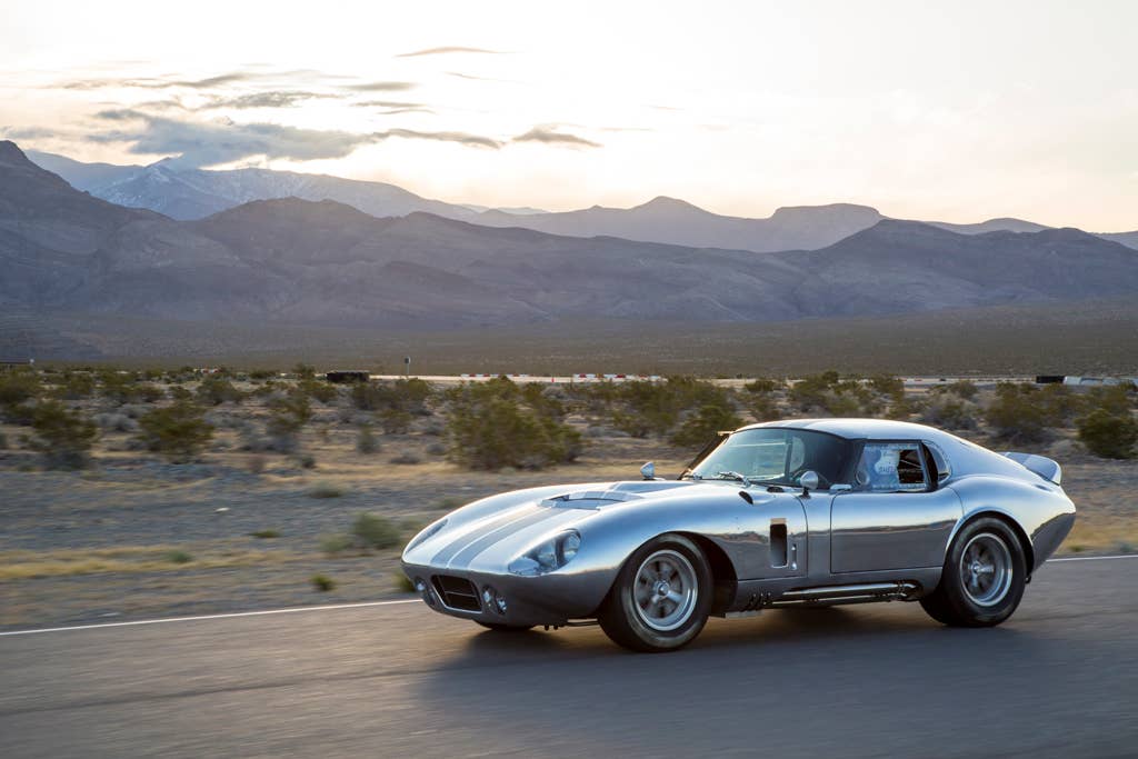 The aluminum Shelby American Continuation Daytona Coupe, three-quarter view.