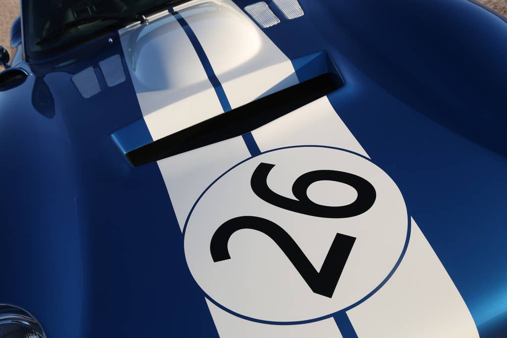 The fiberglass Shelby American Continuation Daytona Coupe, hood close-up.