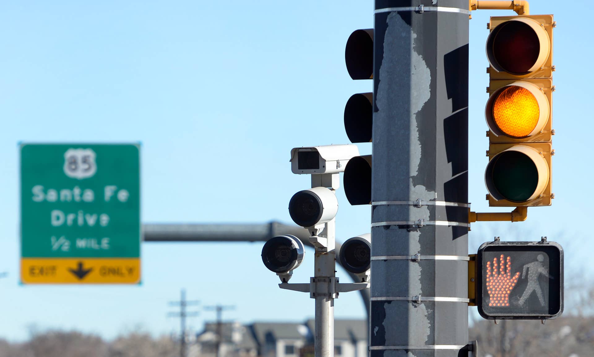 SHERIDAN, CO - JAN 2: One of the red light cameras sits next to the light pole at the intersection of W. Hampden Ave. and River Point Pkwy. in Sheridan. Paul Houston walks door to door in Sheridan, attempting to re-collect signatures for a ballot measure to ban red light cameras and photo radar cameras. After gathering more than 500 signatures the first time around, the petitions were submitted improperly, so he and his group of supporters have until February to re-collect the signatures for resubmission. (Photo by Kathryn Scott Osler/The Denver Post via Getty Images)