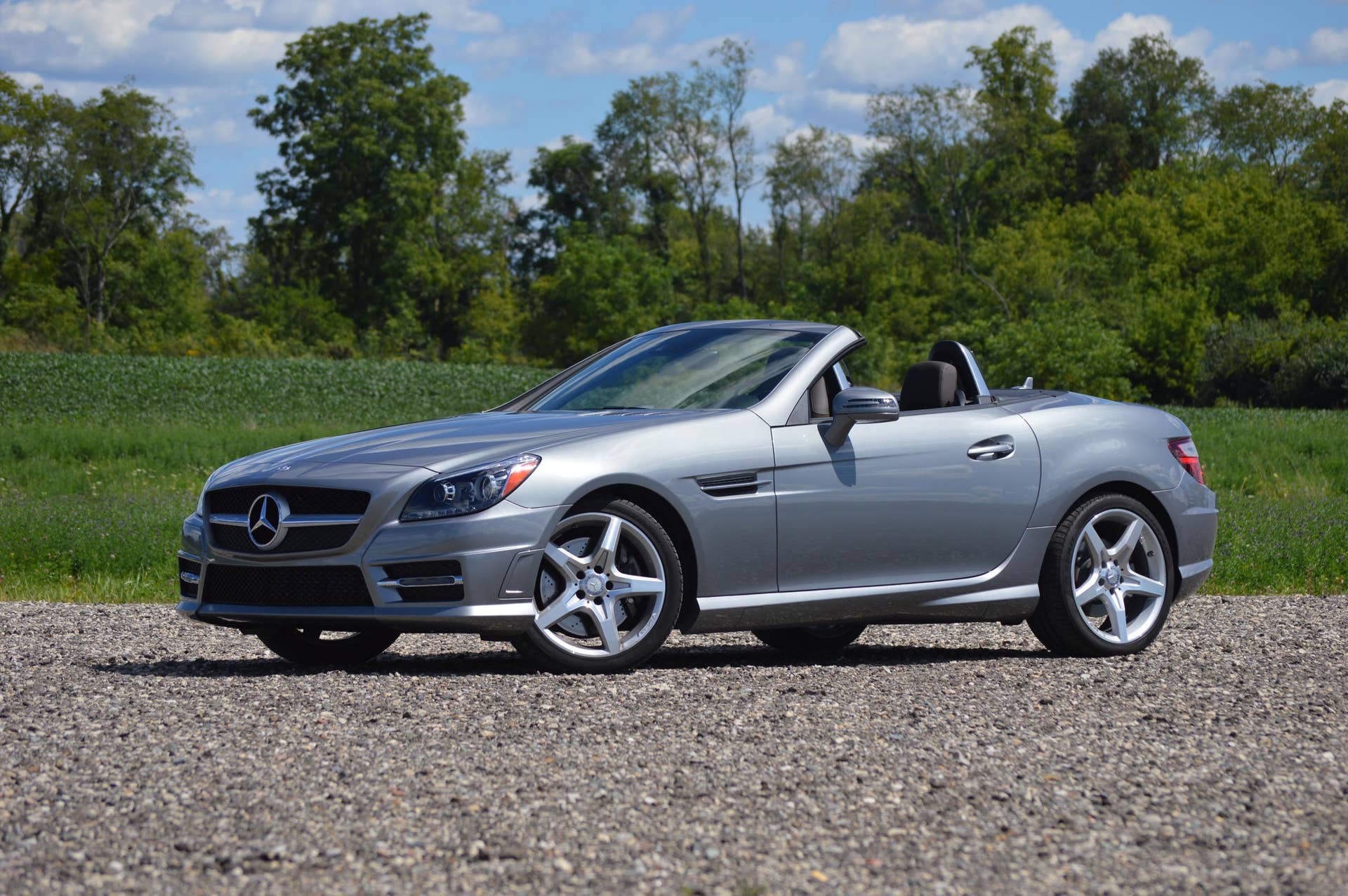2015 mercedes-benz slk250 silver front wide green field