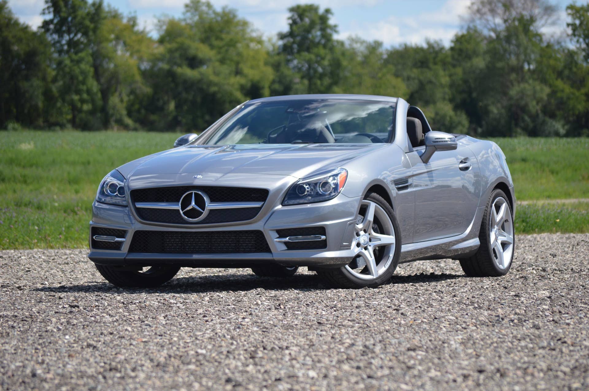 2015 mercedes-benz slk250 silver front green field