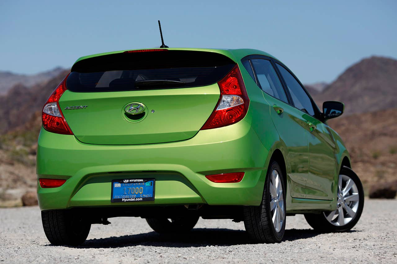 2012 Hyundai Accent Five-Door rear 3/4 view