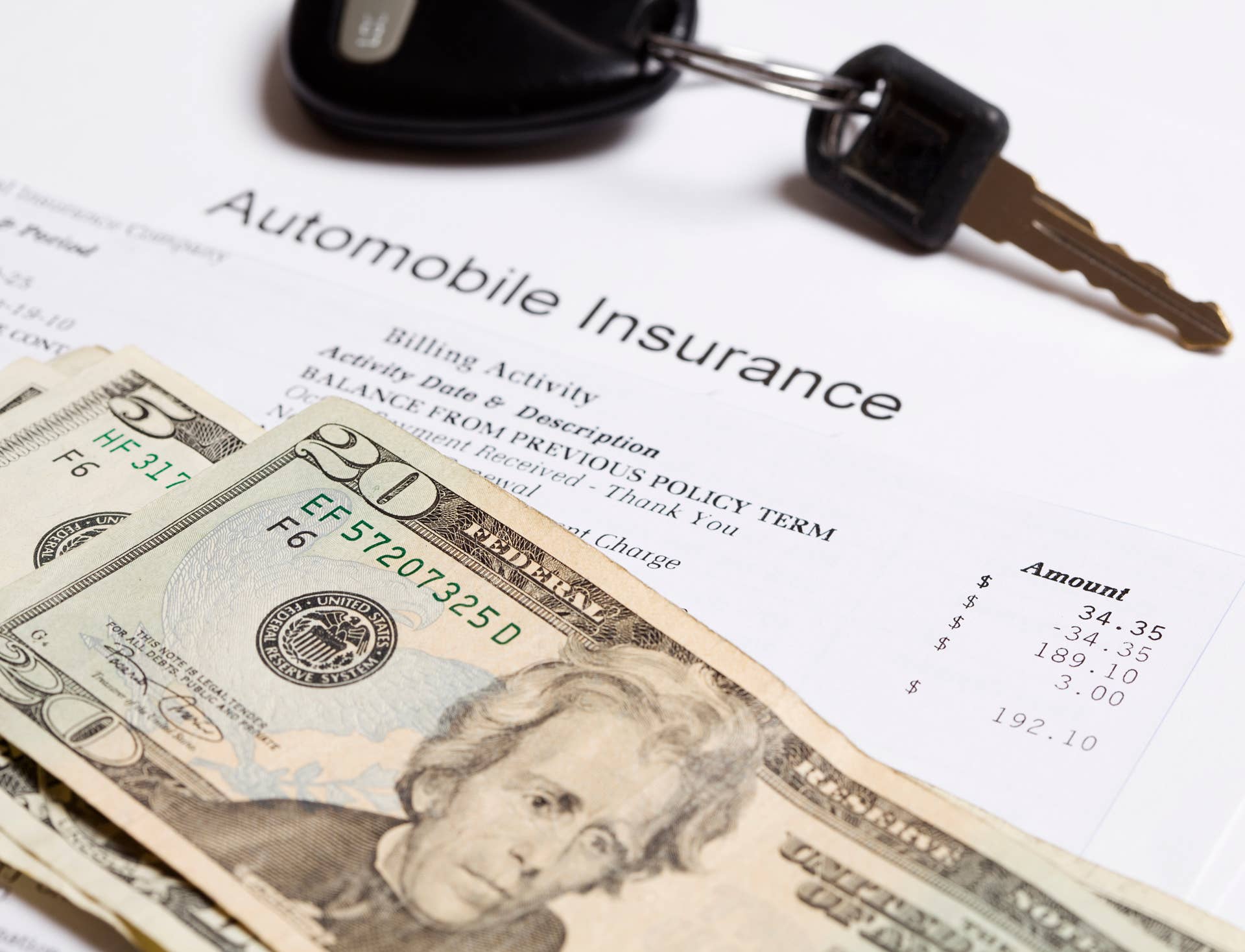 'keys, money, and an auto insurance bill'