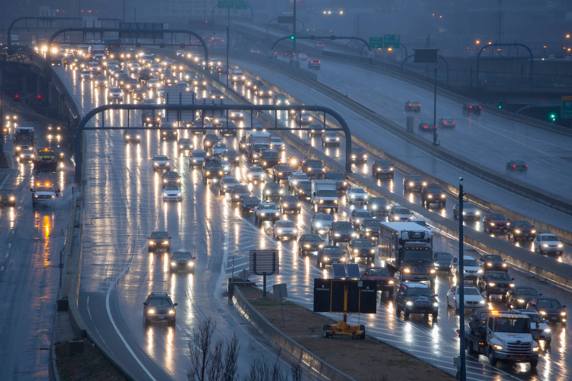 Thanksgiving holiday traffic, winter, Boston, MA on Southeast Expressway.