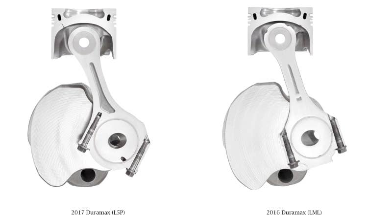 Duramax 6.6L turbo diesel components comparison. 2017 improvements include larger crankshaft rod journals, 45 degree split angle rods, remelted combustion bowl piston and stiffer cylinder head with precise coolant flow control.