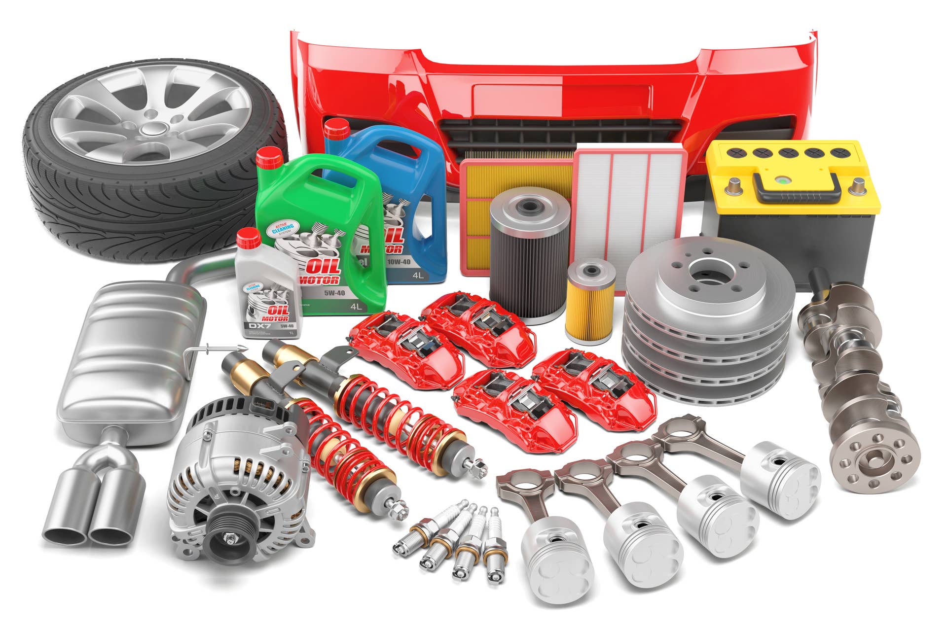 Big auto parts set isolated on a white background. 3d