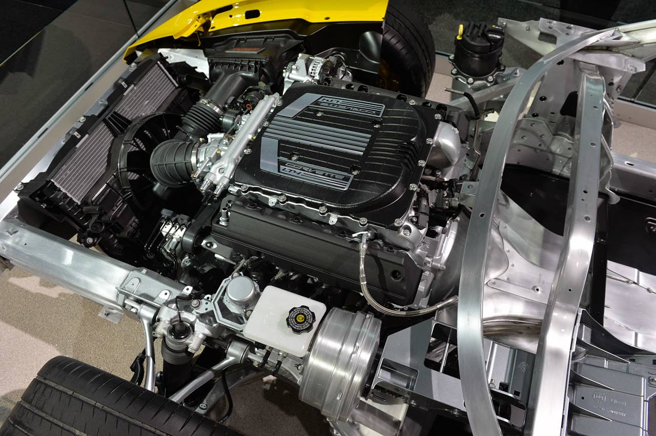 A nice, clear view of the LT4, a 6.2-liter supercharged V8 producing "at least" 625 horsepower and 635 pound-feet of torque. The integrated 1.7-liter Eaton supercharger is in the "hot V" between the banks of cylinders.
