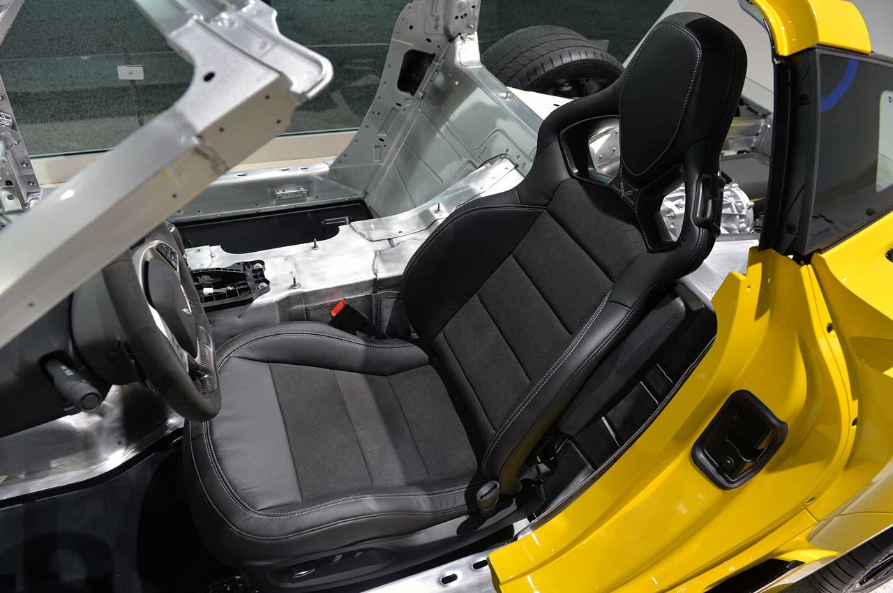The Z06 will arrive with the buyer's choice of either a GT or a Competition lightweight seat.The range-topping Competition seats are covered in microsuede and leather, and they feature magnesium frames to reduce mass. The completed seat is shown here with some of the yellow composite bodywork left intact.