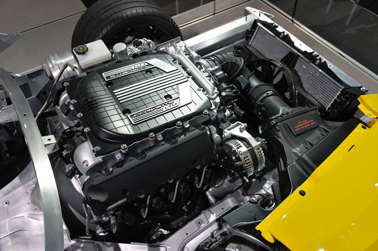 Standing over the LT4, a 6.2-liter supercharged V8 with an Eaton supercharger. The engine breathes from the passenger side of the vehicle, with the airbox located just in front of the belt-driven alternator.