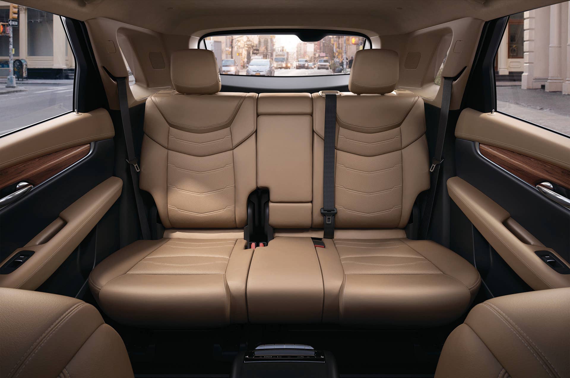backseat cadillac xt5 cabin interior leather wood