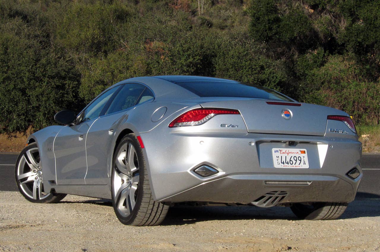 2012 Fisker Karma rear 3/4 view