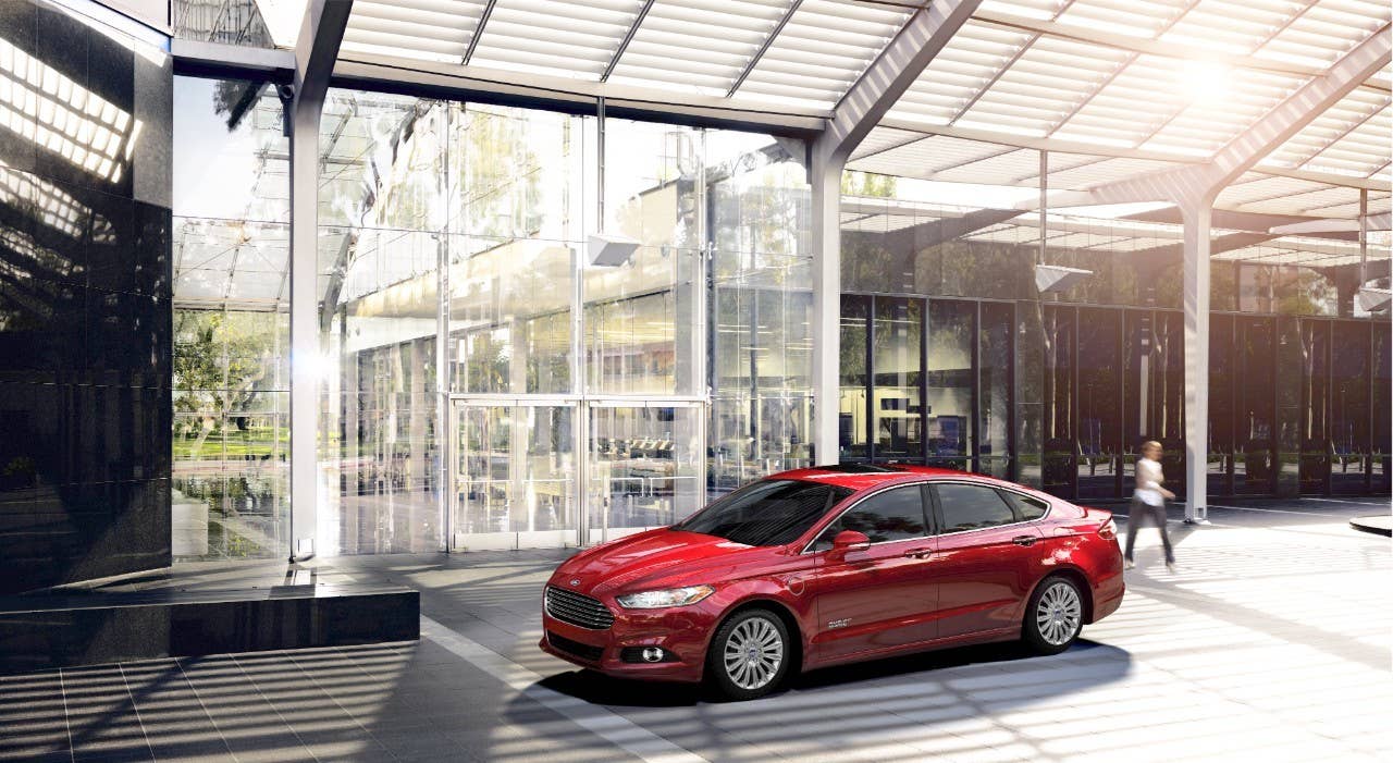 2016 Ford Fusion Energi PHEV in red.