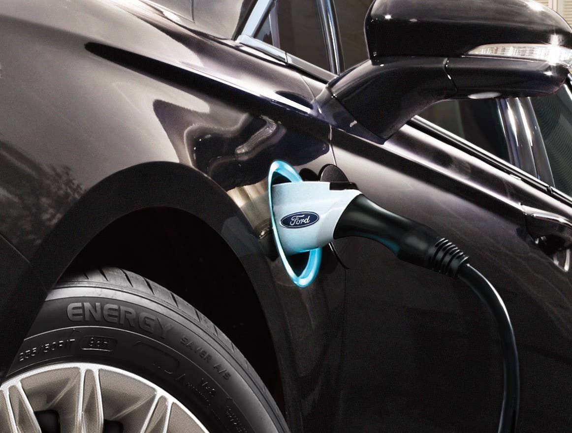 2016 Ford Fusion Energi PHEV charge port.