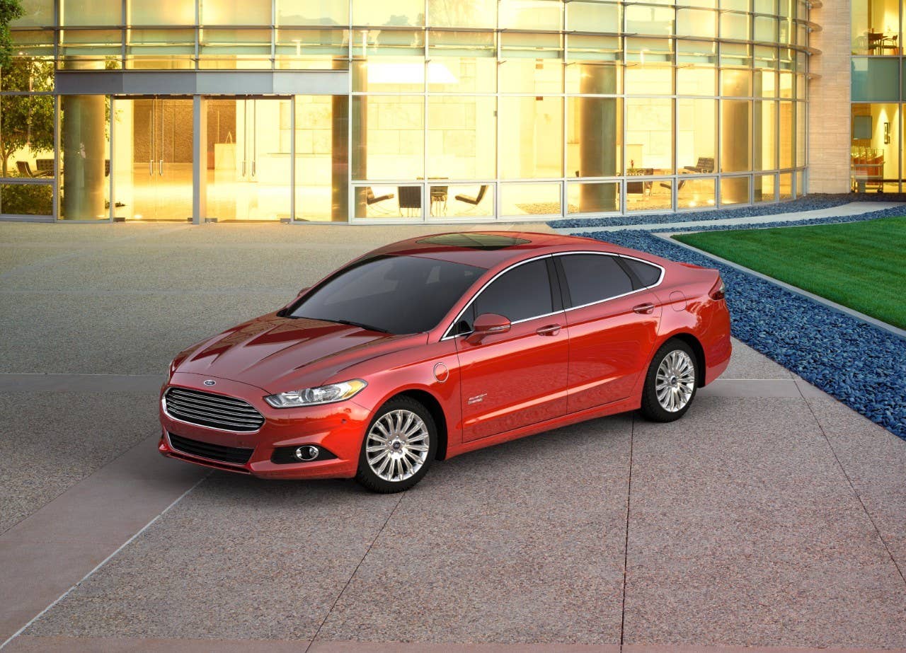 2016 Ford Fusion Energi PHEV in red.