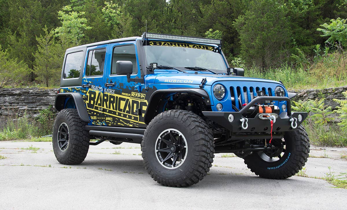 Project Trail Force 2015 Jeep Wrangler Rubicon, front three-quarter view.