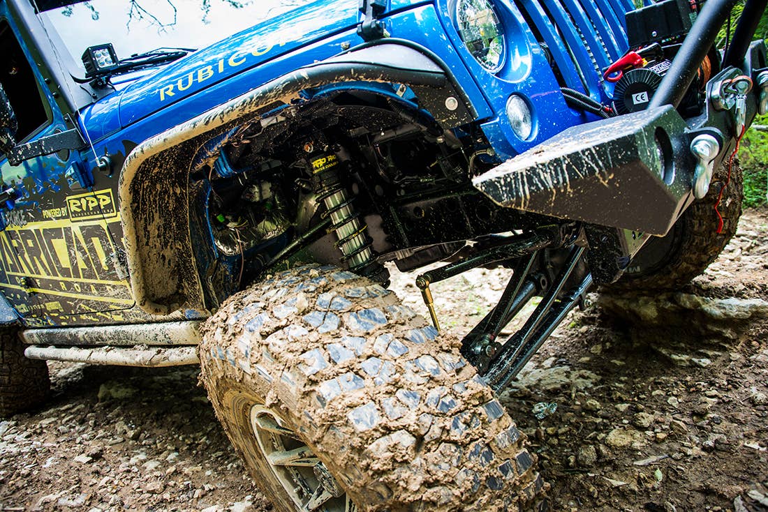 Project Trail Force 2015 Jeep Wrangler Rubicon front suspension detail.