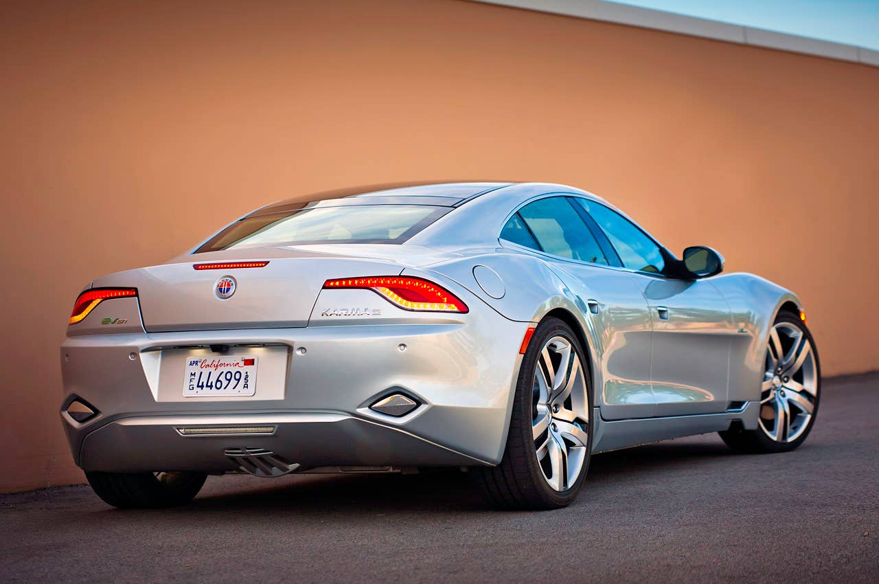 2012 Fisker Karma rear 3/4 view
