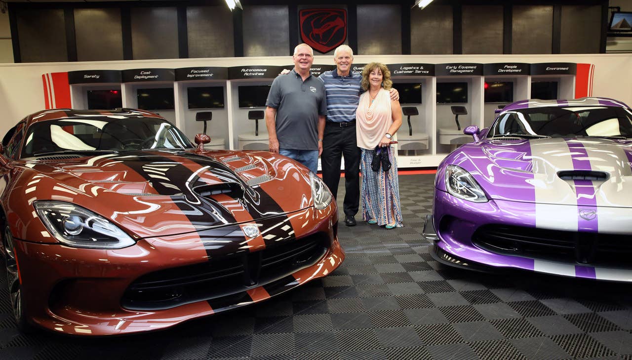 Detroit ï¿½ July 24, 2015 ï¿½ FCA Connor Avenue Assembly Plant Manager Doug Gouin (center) delivers the keys to Wayne and D'Ann Rauh marking the first Doge Viper 1 of 1 customer delivery. Customers choose from a palate options to create their truly unique Viper.