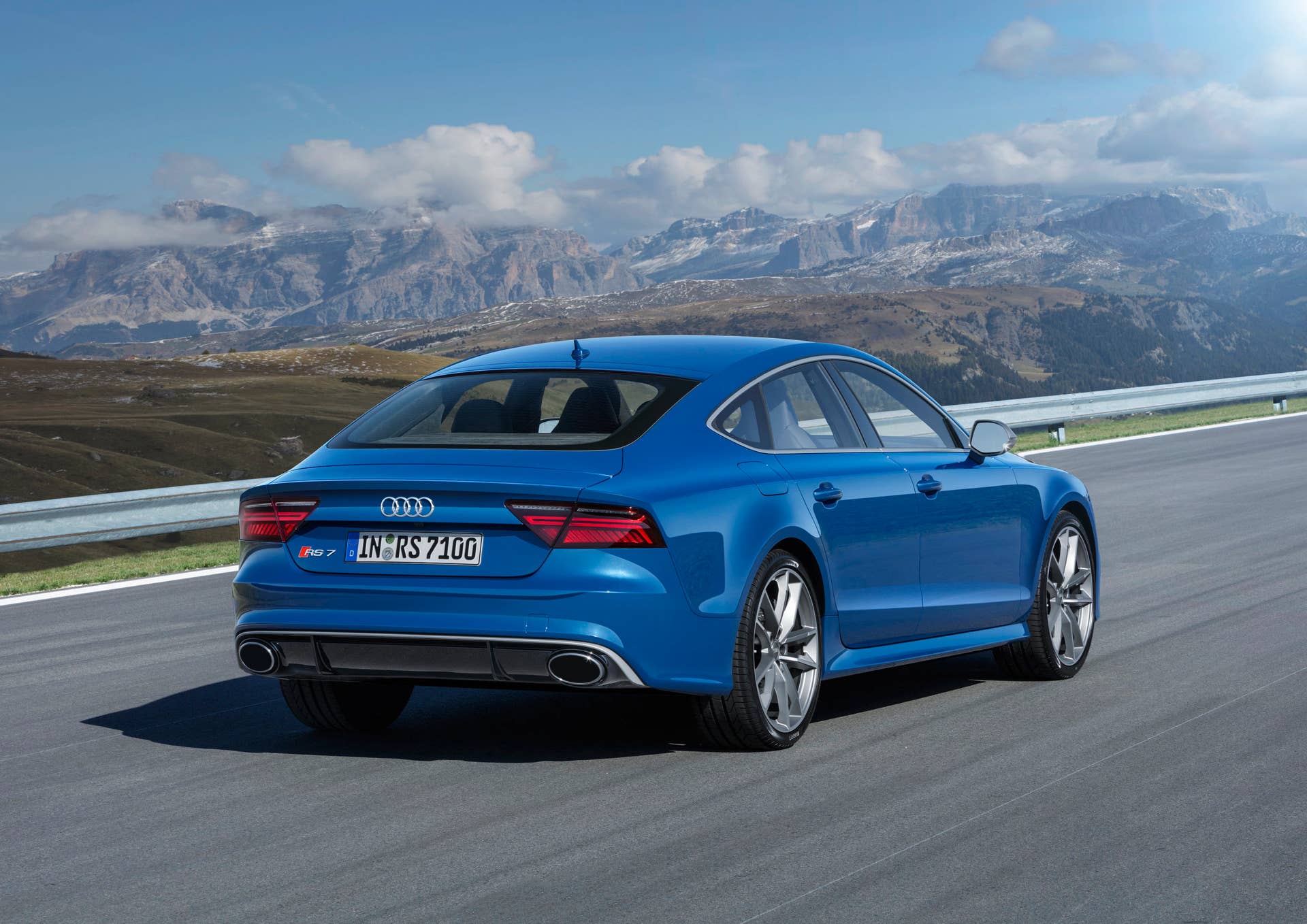blue audi rs7 sportback performance rear three quarters road