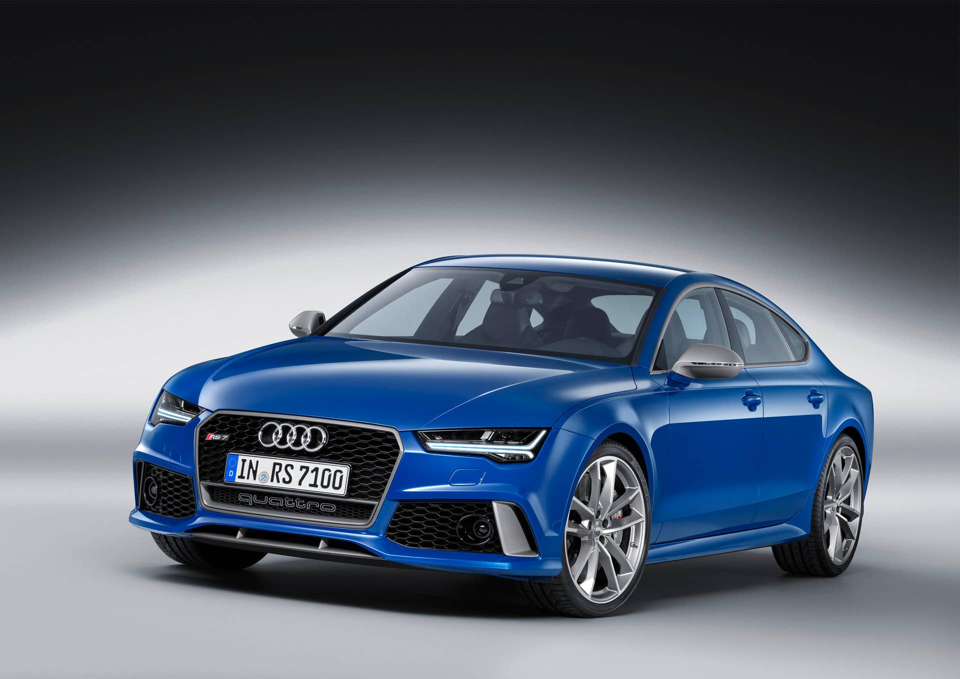 blue audi rs7 sportback performance front three quarters studio
