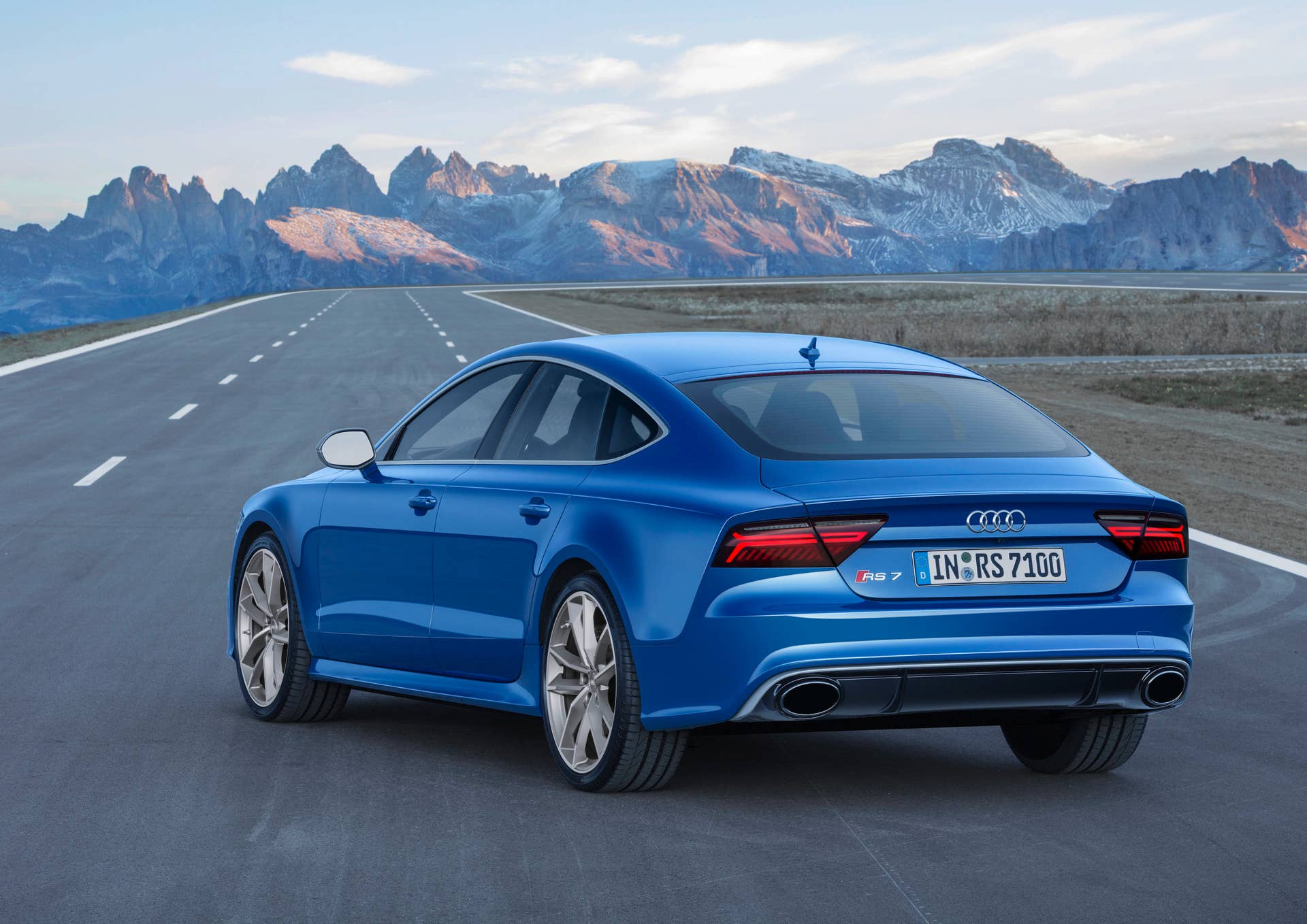 blue audi rs7 sportback performance rear three quarters on road