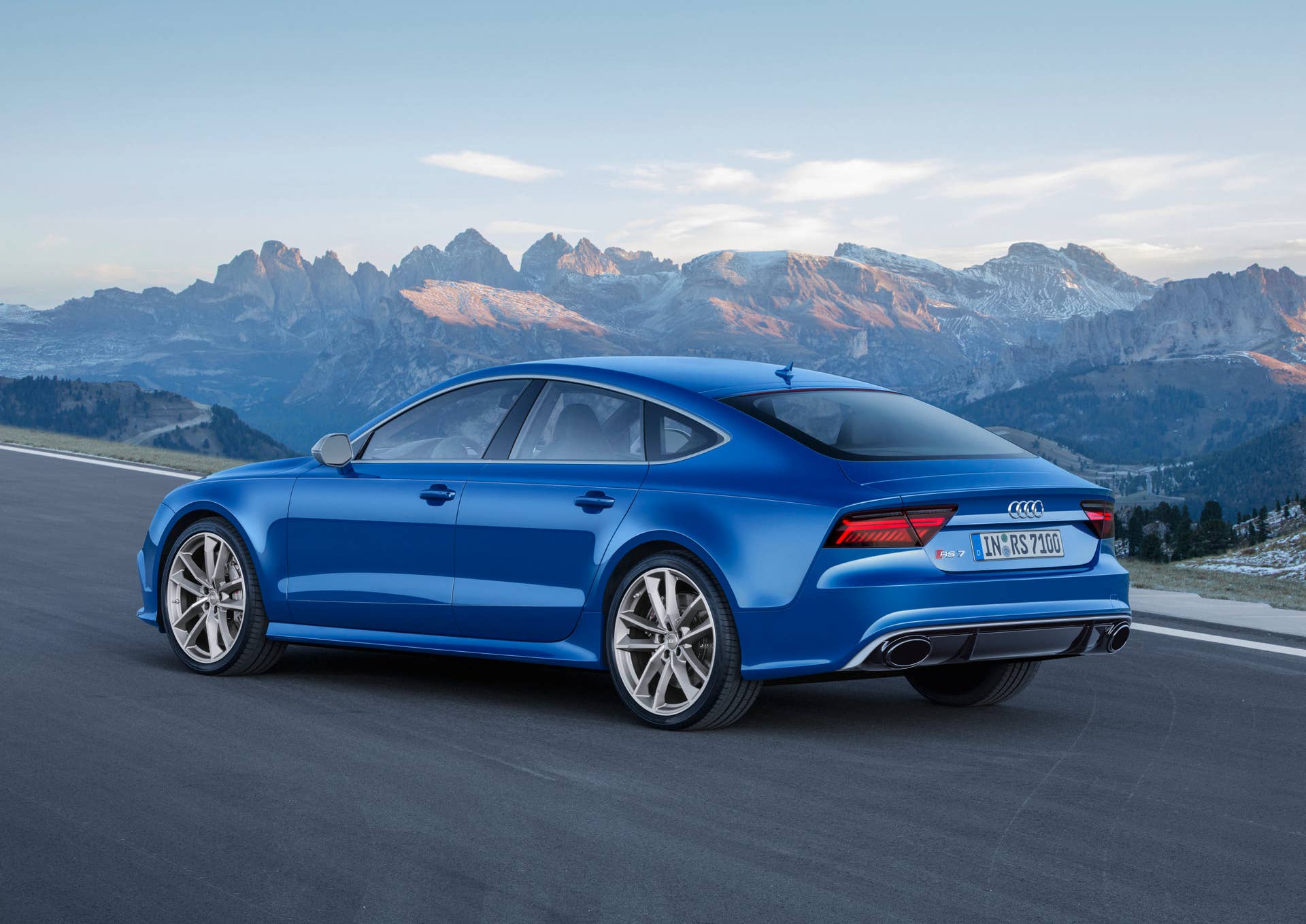 blue audi rs7 sportback performance rear three quarters