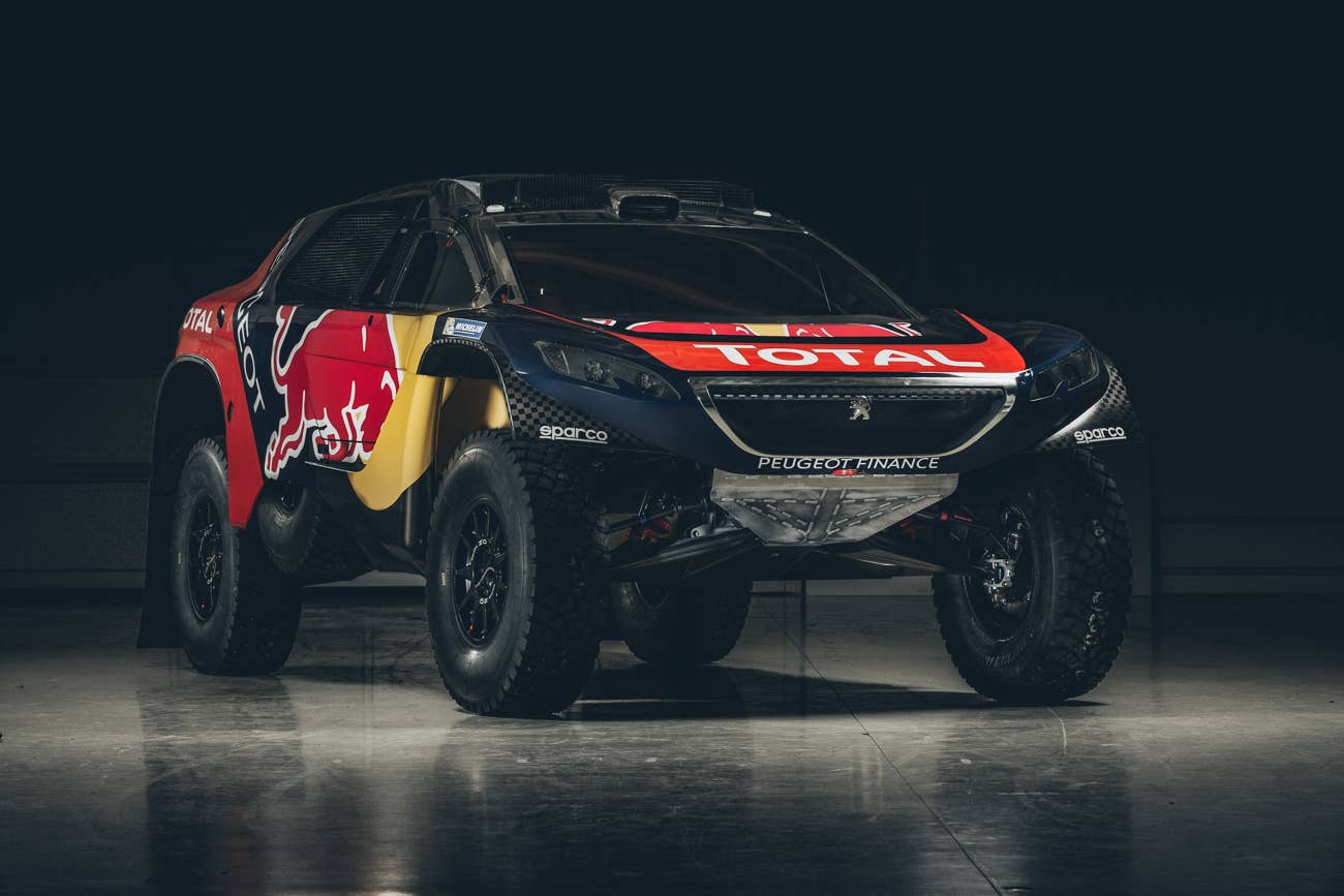 The Peugeot 2008 DKR for the 2016 Dakar Rally, front three-quarter view.