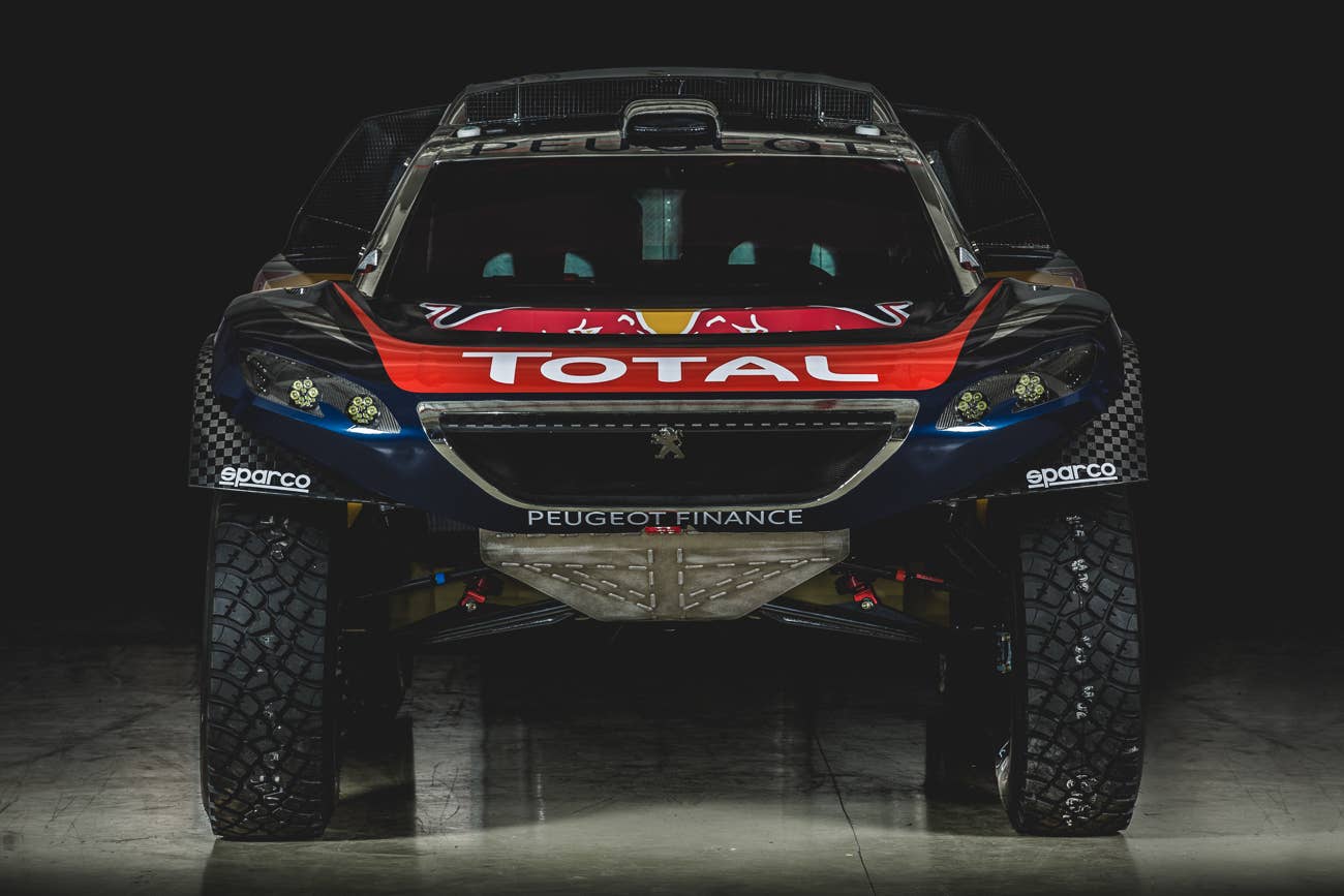 The Peugeot 2008 DKR for the 2016 Dakar Rally, front view.