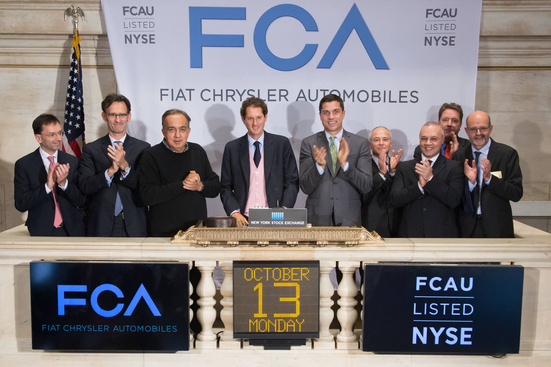 NEW YORK, NY â OCTOBER 13: John Elkann, Chairman, Fiat Chrysler Automobiles and Sergio Marchionne, Chief Executive Officer, Fiat Chrysler Automobiles ring the Closing bell at the New York Stock Exchange on October 13, 2014 in New York City. (Photo by Ben Hider/NYSE)