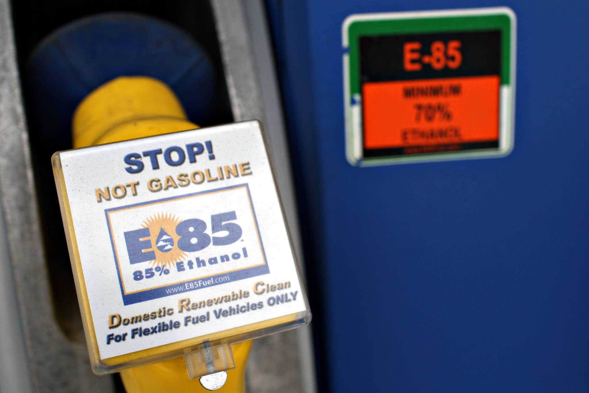 A sign alerting customers that E85, a mixture of 85 percent ethanol and gasoline, is not regular gasoline