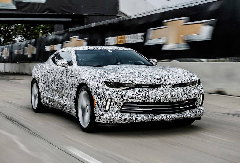 Members of the media drive engineering prototypes of the 2016 Chevrolet Camaro on the Detroit Grand Prix race course, on Detroitâs Belle Isle Park. The sixth-generation Camaro was introduced on May 15, 2015, at a public event at the park.