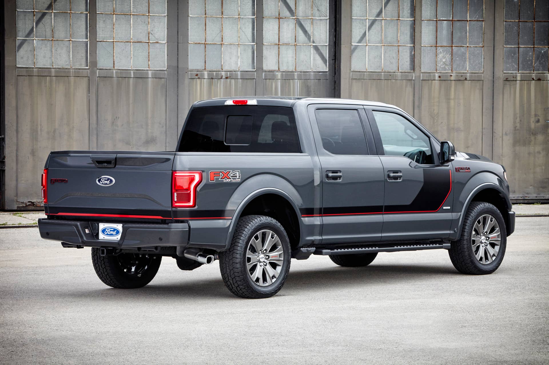 gray 2016 ford-150 lariat appearance package rear three quarters