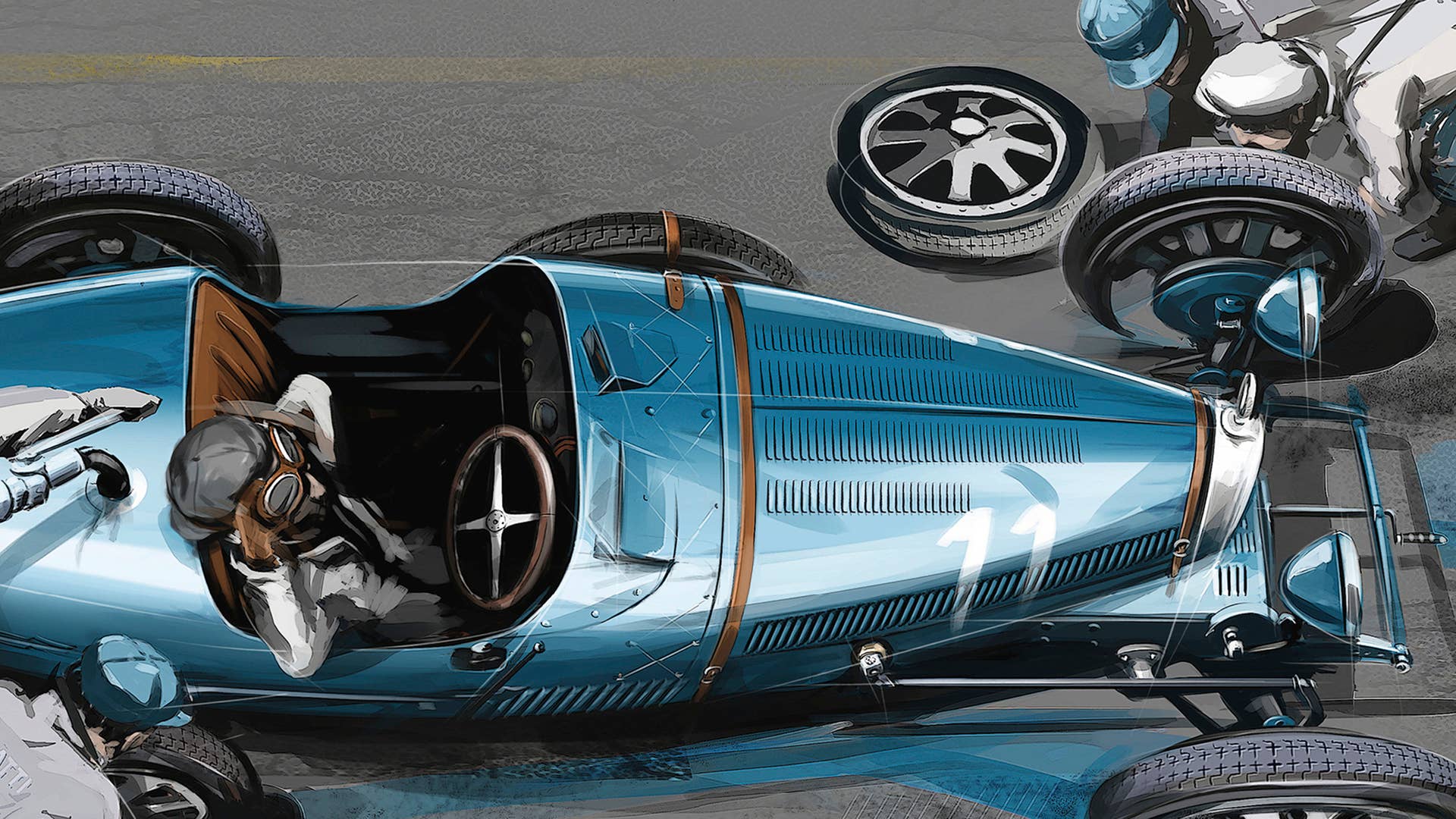 Louis Chiron  Bugatti pit stop illustration