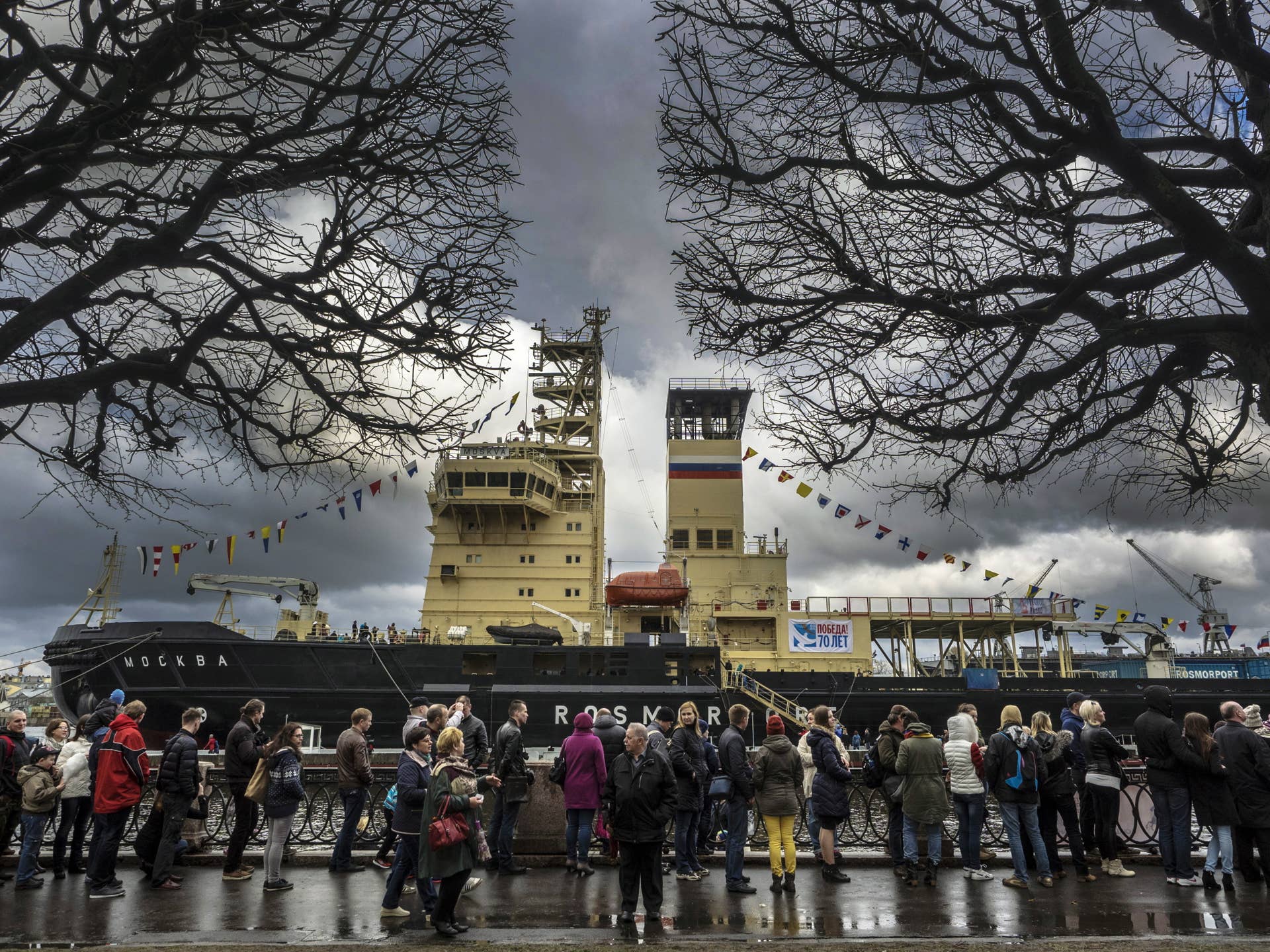 ST. PETERSBURG, RUSSIA. MAY 2, 2015. The Moskva icebreaker on the Neva River seen during an icebreakers festival that marks the 70th anniversary of the Victory over Nazi Germany in World War II and the deeds of the WWII Arctic convoys which sailed from the United Kingdom, Iceland, and North America to northern ports in the Soviet Union. Ruslan Shamukov/TASS (Photo by Ruslan ShamukovTASS via Getty Images)