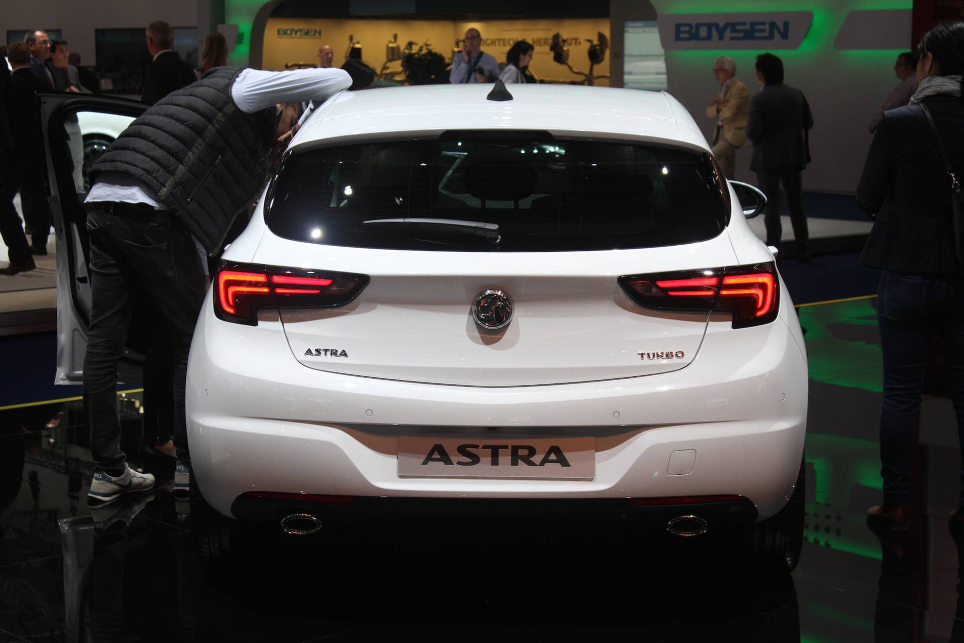The new 2016 Opel Astra at the Frankfurt Motor Show, rear view.