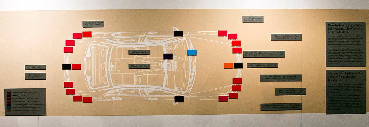 A panel showing the placement of cameras and sensors around the car that enable Intelligent Drive.